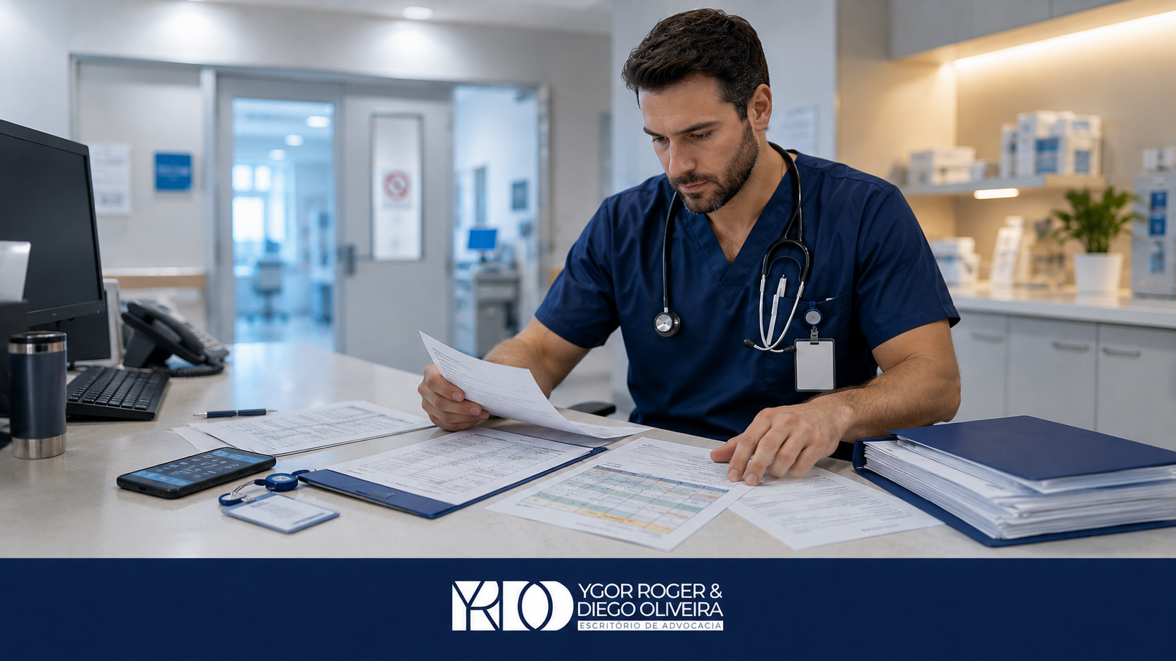 Ambiente clínico moderno com profissional médico
