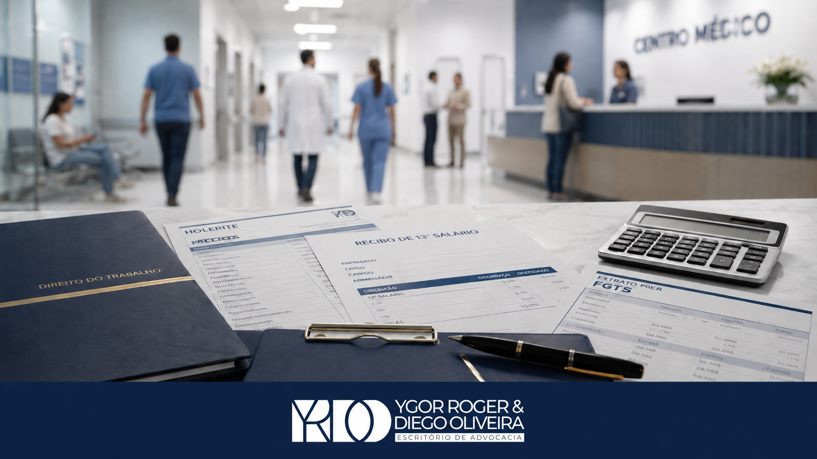 Recepção de clínica com documentos jurídicos