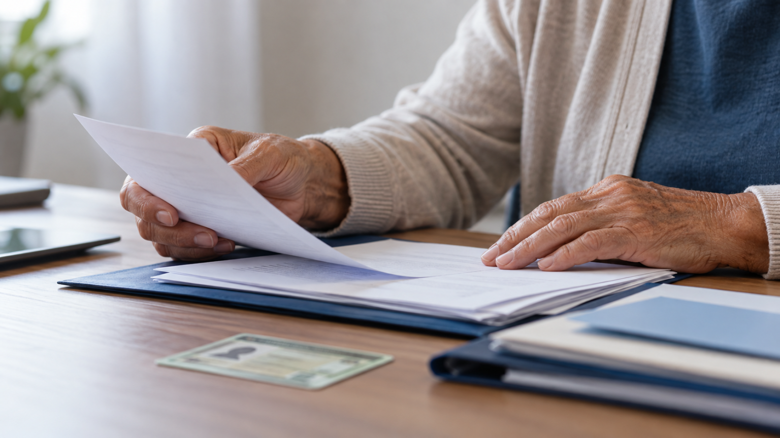 Pessoa idosa organizando documentos pessoais sobre uma mesa para requerimento de benefício assistencial
