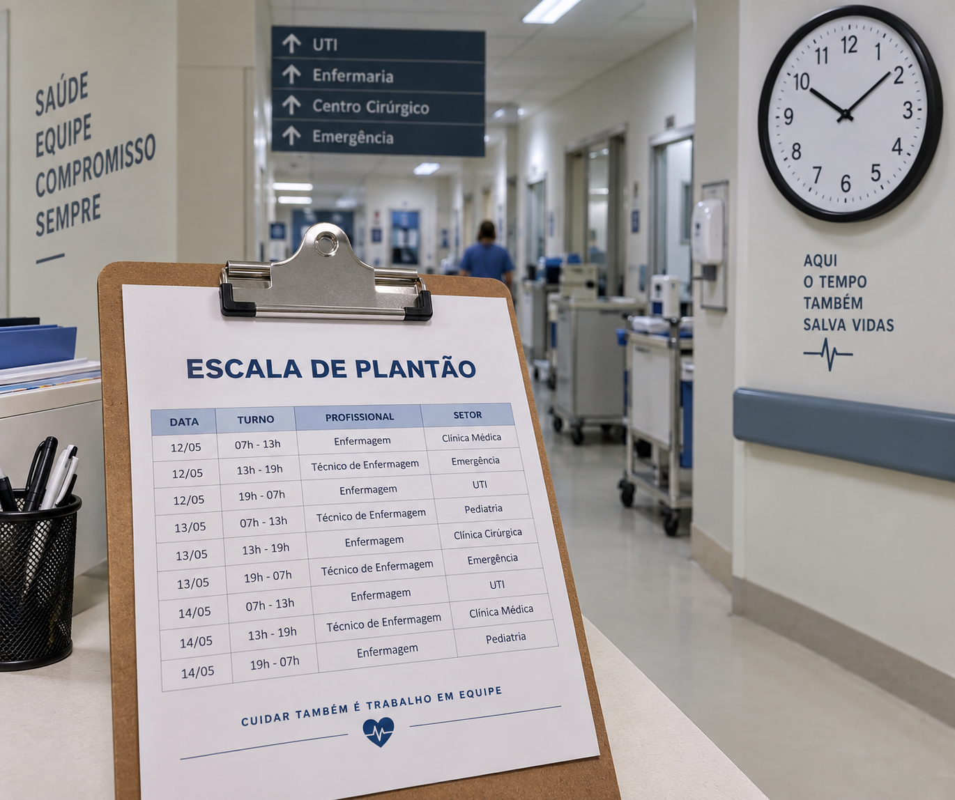 Escala de plantão hospitalar impressa em prancheta sobre bancada